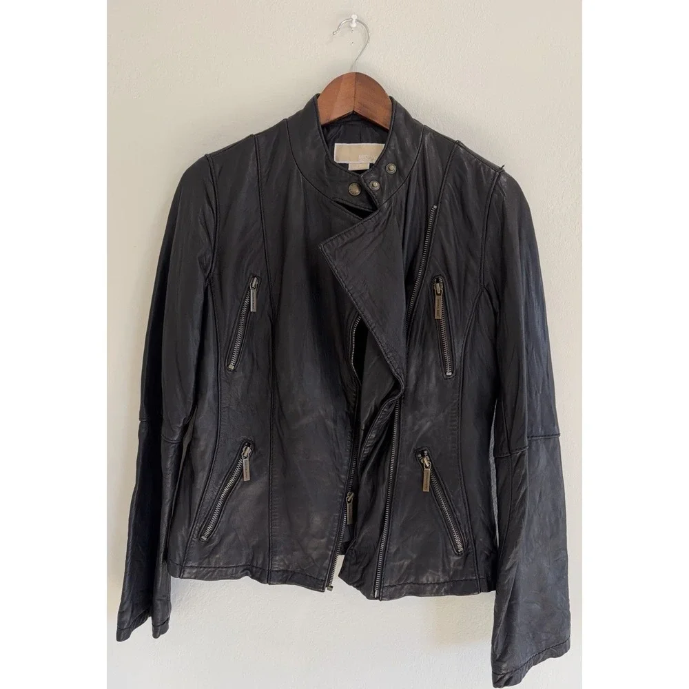 Michael Kors Lambskin Leather Moto Jacket Womens Black Biker Asymmetrical Medium